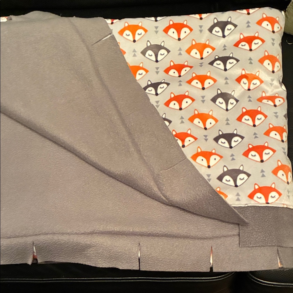 Animal Print Fox Blanket with Gray Trim & Reversible Gray side. Size 58.5” X 70”